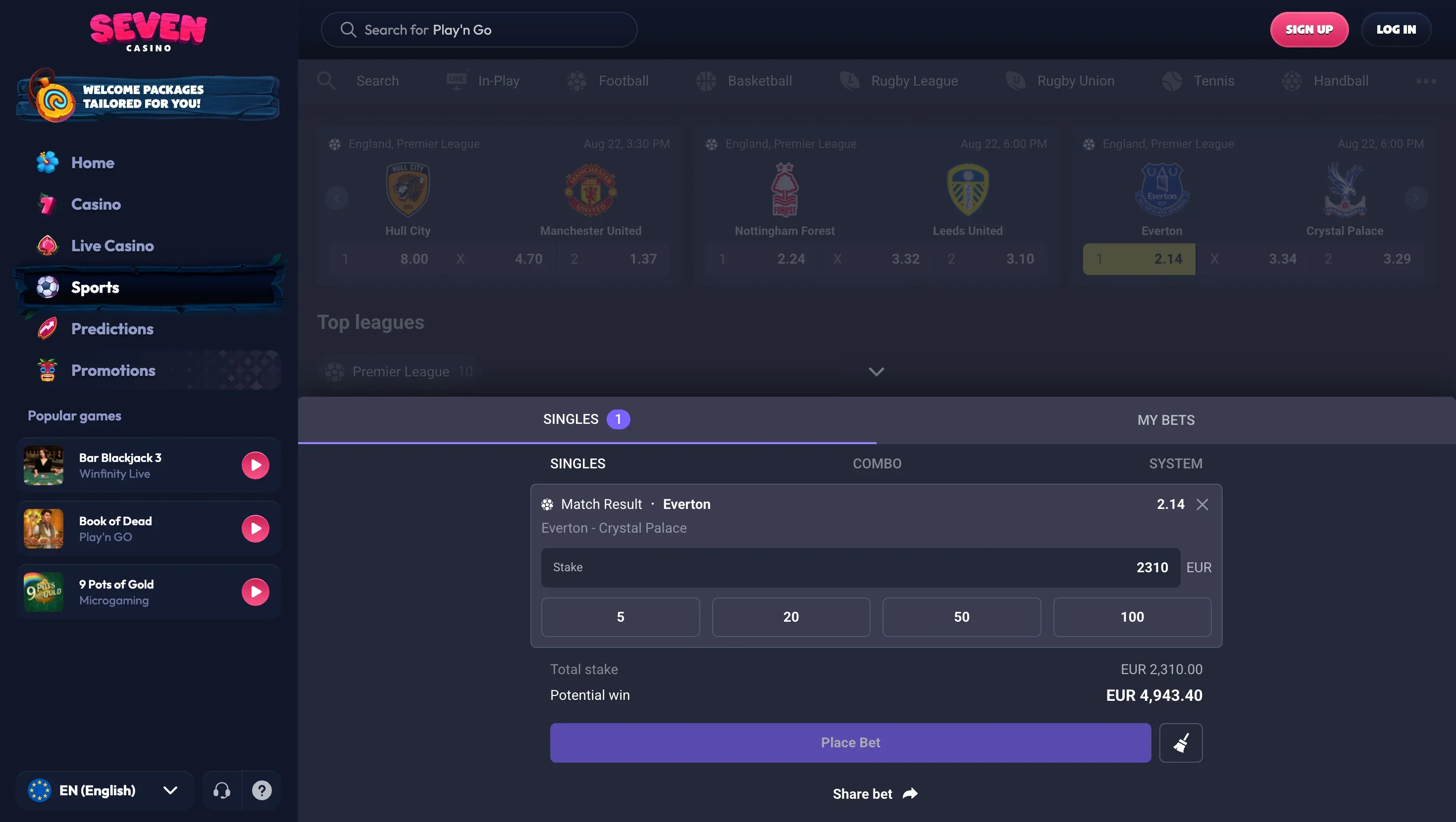 Stake and payout inside the bet slip Bet slip with a single on Everton at 2.14, a stake of 2,310 EUR and a potential win of 4,943.40 EUR