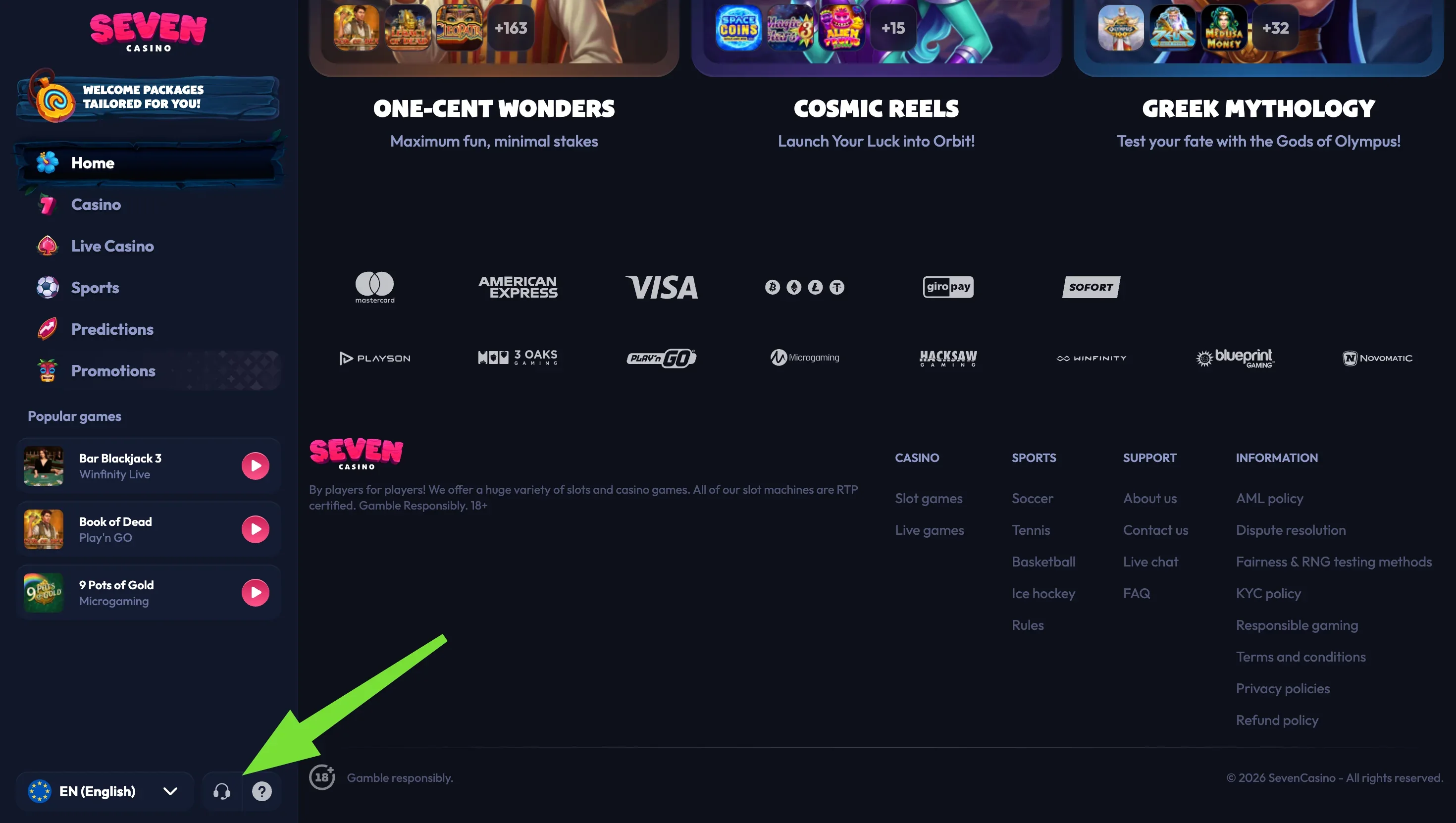 Payment logos and policy links Footer with Mastercard, American Express, Visa, crypto, giropay and Sofort logos above links to AML and KYC policies