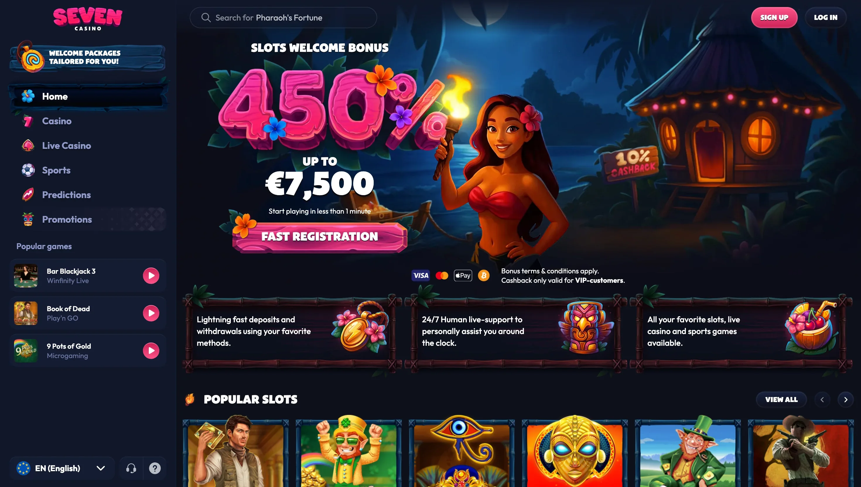 Home page banner reading 450% up to EUR 7,500 with a Fast registration button and the popular slots row below