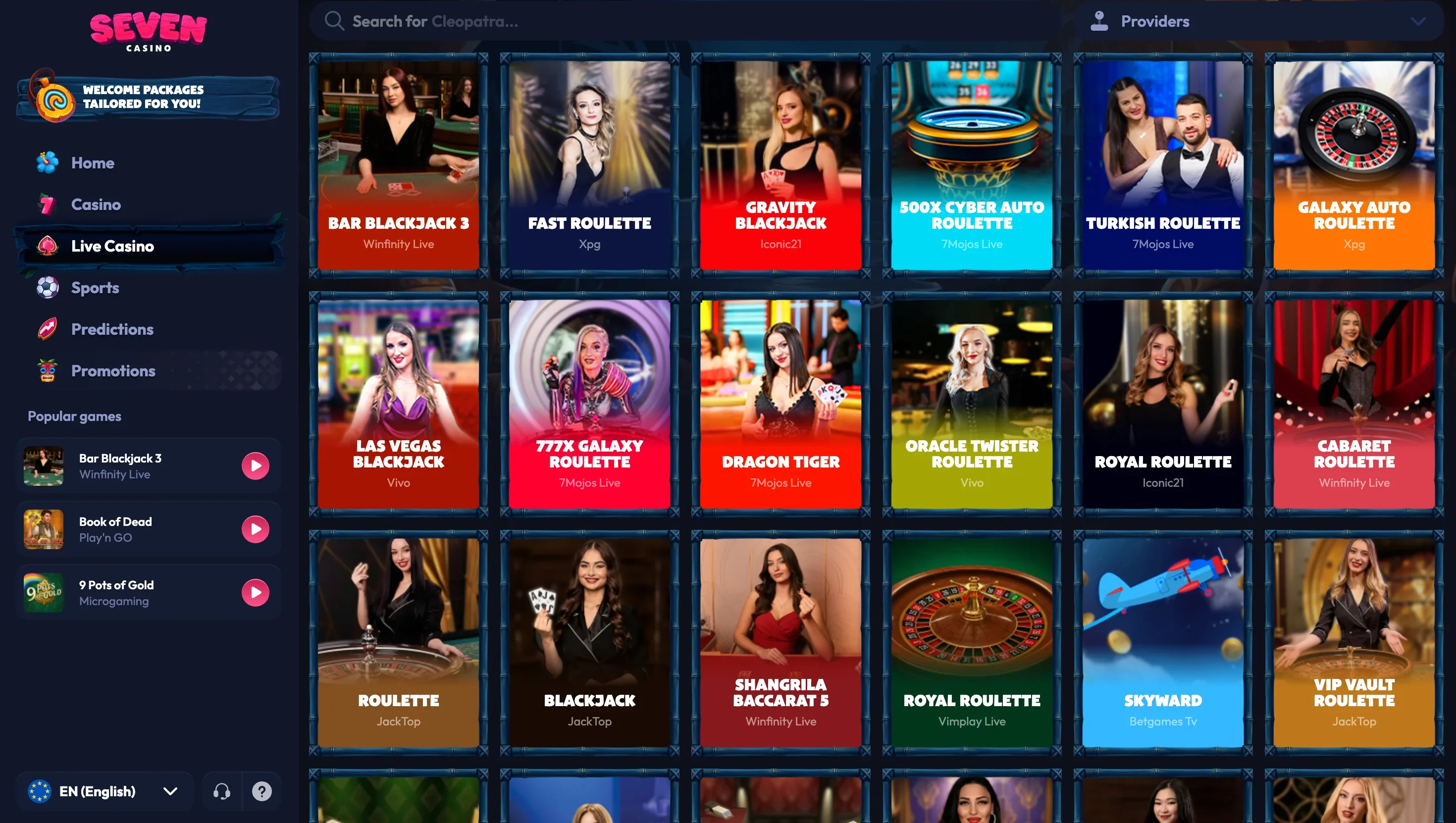 Live lobby tiles for Bar Blackjack 3, Fast Roulette, Gravity Blackjack, Turkish Roulette and Dragon Tiger