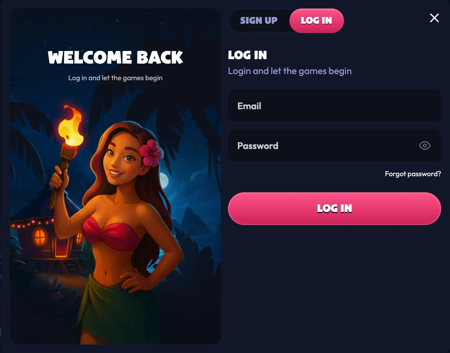 The window behind the LOG IN button Log in window headed Welcome back with email and password fields, a Forgot password link and a Log in button
