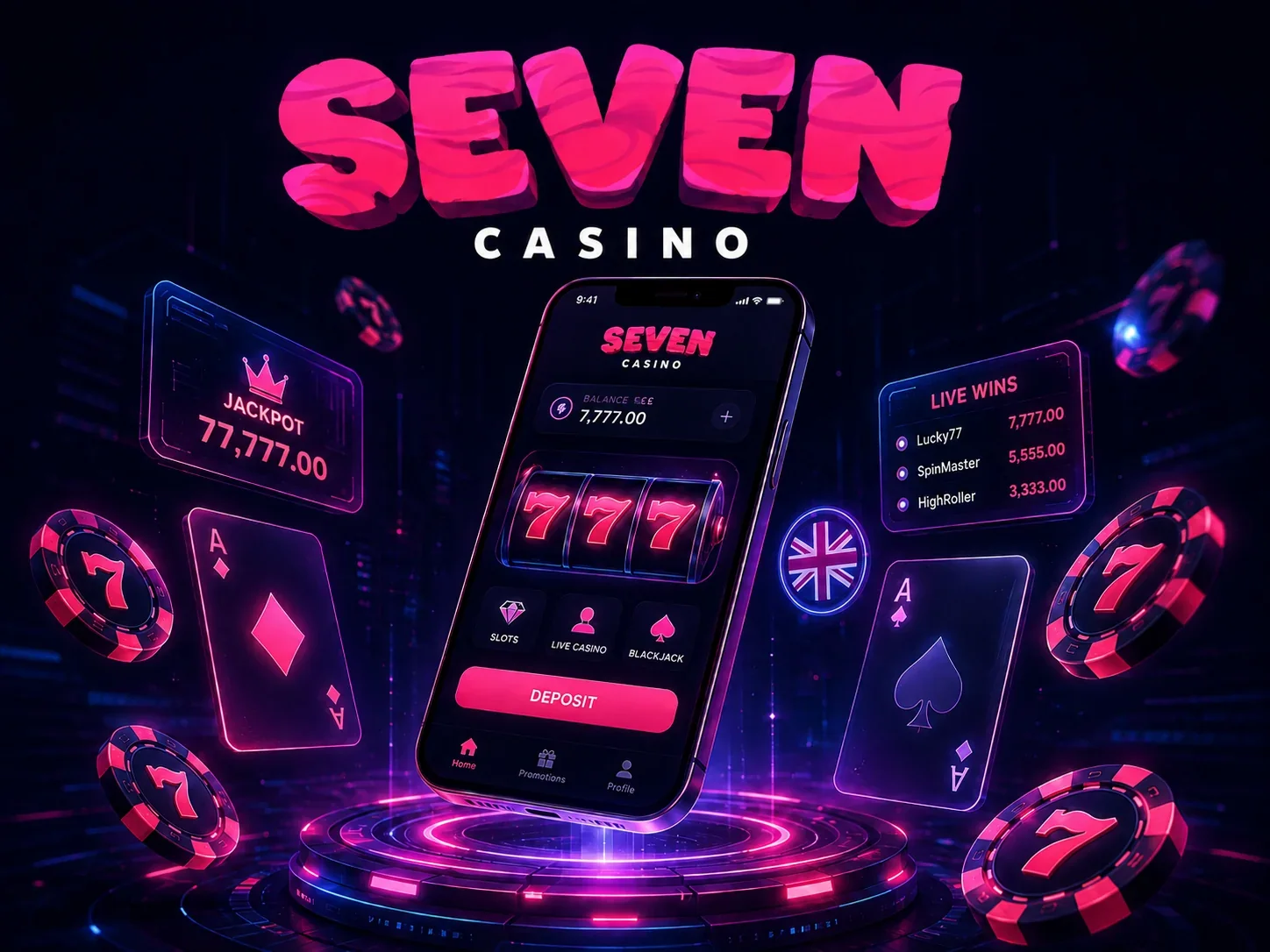 Balance and reels on a phone screen Phone screen with a balance of 7,777.00, three spinning sevens, a deposit button and a live wins list beside it