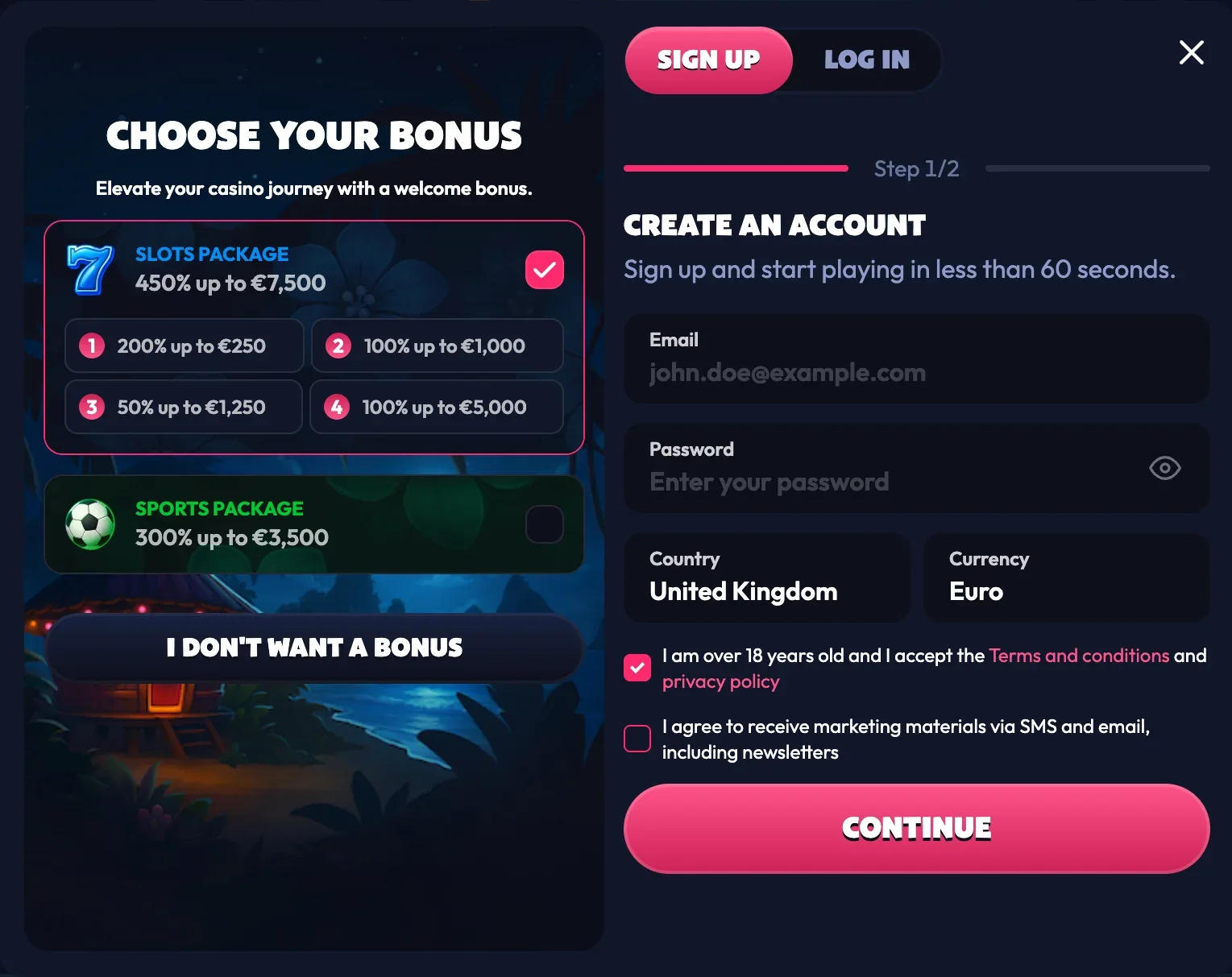 Sign-up screen 1 of 2: email and password fields, country set to United Kingdom, currency set to Euro