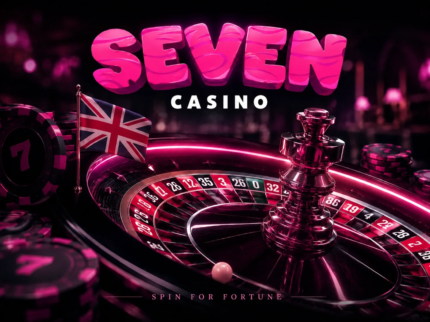 Roulette wheel in pink neon with a Union Jack on the rim and stacks of chips marked with a seven