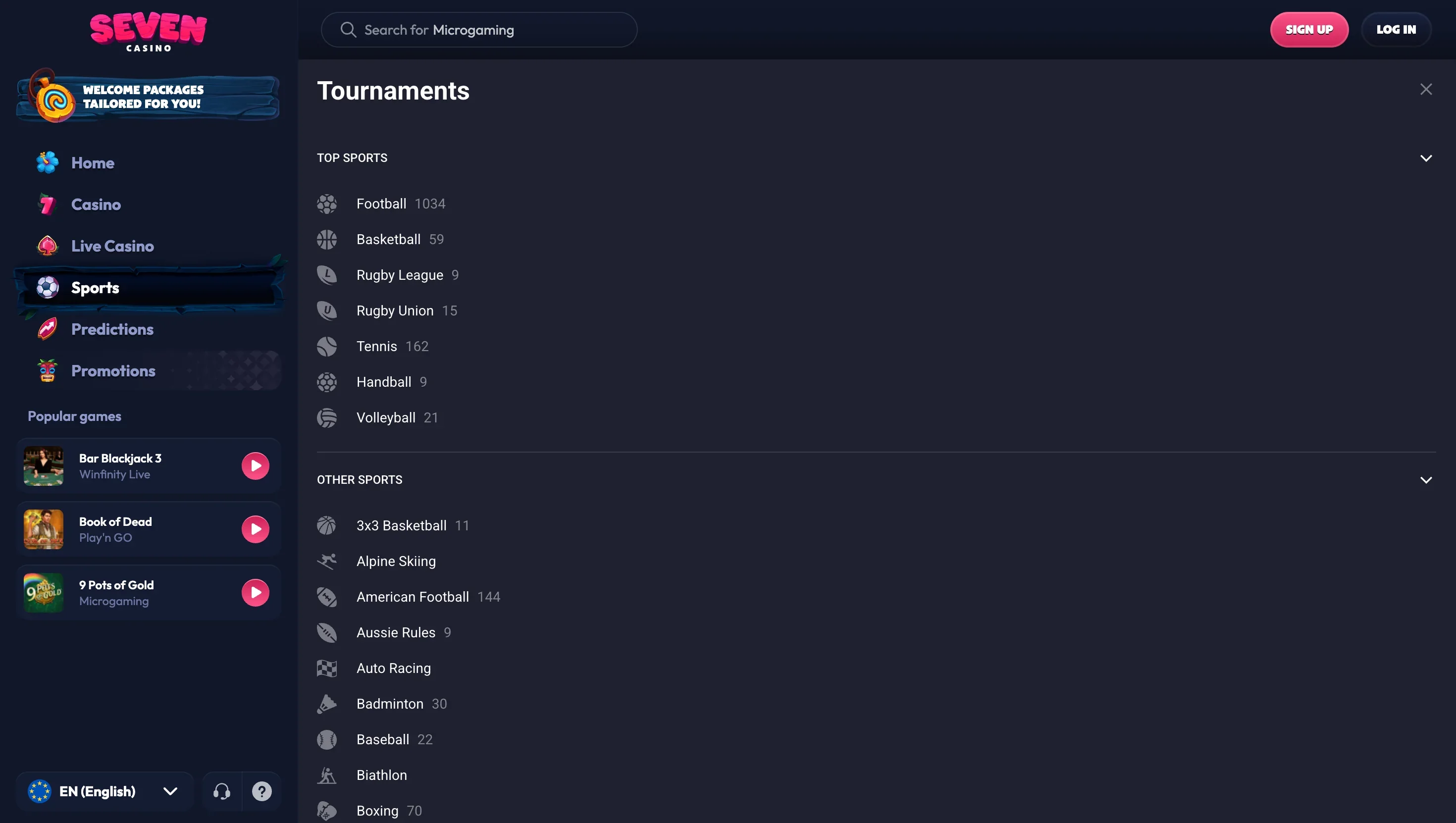 Tournaments panel listing football with 1034 events, tennis 162, basketball 59, rugby, handball and volleyball