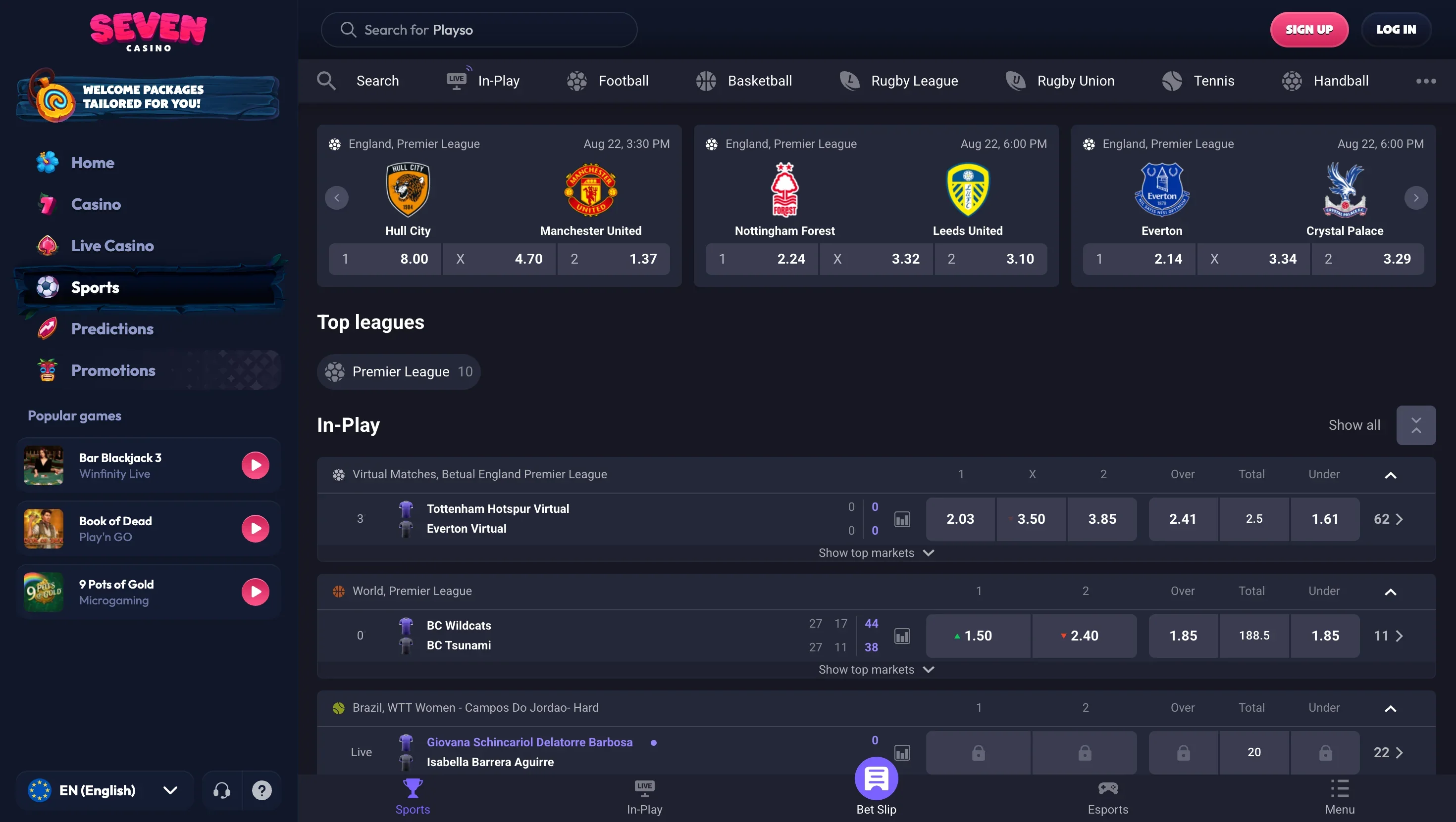 Premier League fixtures with odds: Hull City against Manchester United at 8.00, 4.70 and 1.37, plus in-play rows