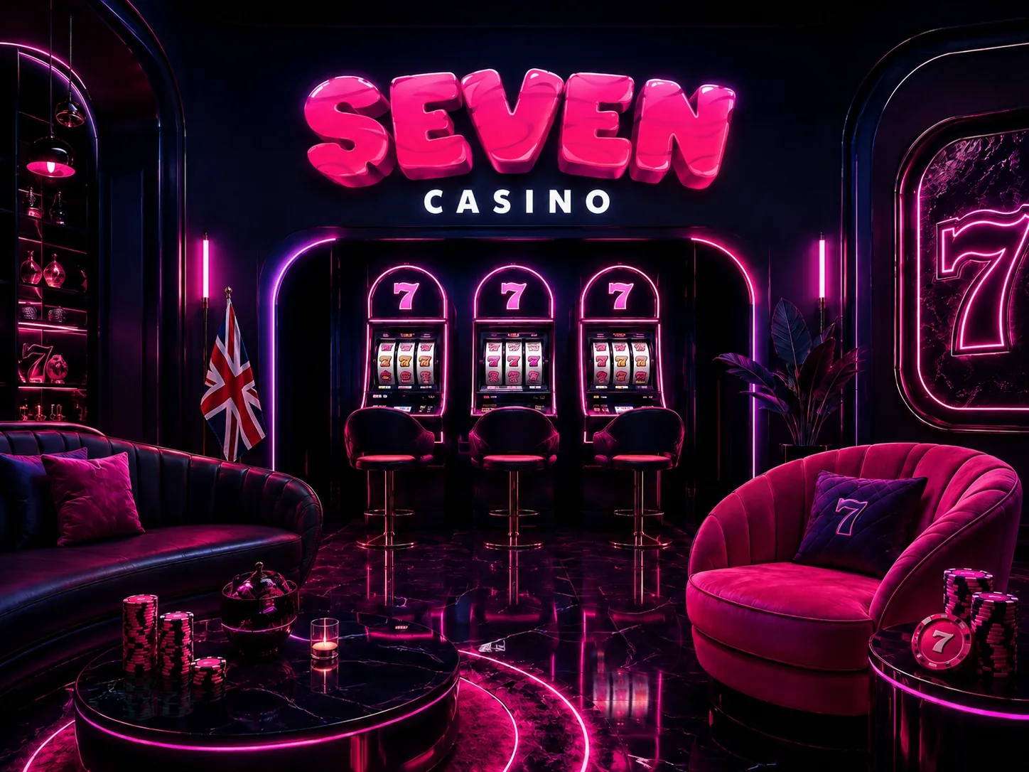 Brand lounge with slot cabinets Neon-lit lounge with three slot cabinets, a Union Jack on a pole, velvet seating and chips on a marble table